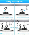 Installation guide for 100W LED UFO high bay light with safety rope and wiring instructions.