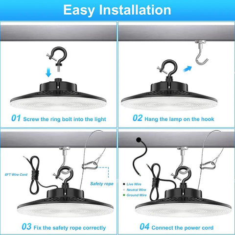 Installation guide for 100W LED UFO high bay light with safety rope and wiring instructions.