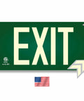 Top Shelf Photoluminescent Exit Sign With Green Directional Arrows UL 924 Legit Certified Aluminum Build Max Glow NFPA Compliant with white exit letters.