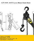 Lever Chain Hoist 3/4 Ton Manual Ratchet Chain Puller Lift 10 Ft Aluminum Hand Wheel 6 Mm Chain 1650 Lbs Capacity diagram