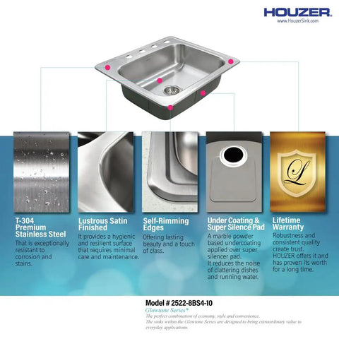Glowtone 25 Inch Stainless Steel Topmount Kitchen Sink With 4-Hole Design, 8 Inch Deep Single Bowl, Fits 30 Inch Cabinets