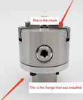 High Manganese Steel Faceplate For K11 80 Chuck With Six Mounting Holes And Flat Cut Face Pro Grade Heavy Duty Wear Resistant Flange Coupling For Easy Removal And Precise Machining 14mm Size side view showing chuck and flange