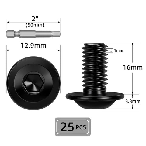 Flanged Button Head Socket Cap Screws M6 X 16mm, 25 Pack, Heavy Duty Stainless Steel 304, Black Finish, Allen Drive, Includes Screwdriver Bit