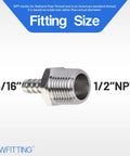 Heavy Duty Stainless Steel 316 Hose Barb Connector With 5/16 Hose Size And 1/2 Male Npt Thread showing hose barb and thread size.