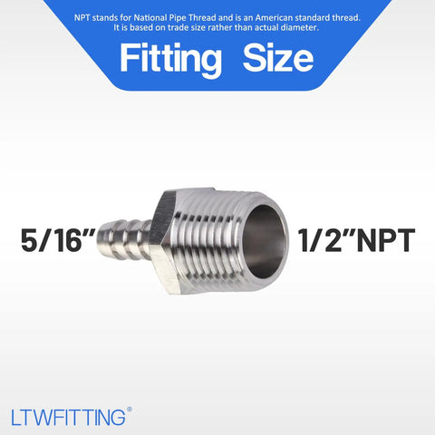 Heavy Duty Stainless Steel 316 Hose Barb Connector With 5/16 Hose Size And 1/2 Male Npt Thread showing hose barb and thread size.