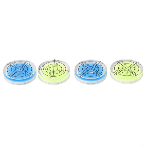 4 Pack 32mm Circular for spirit Level Wear Resistant for acrylic Bubble featuring translucent bubbles in blue and yellow.