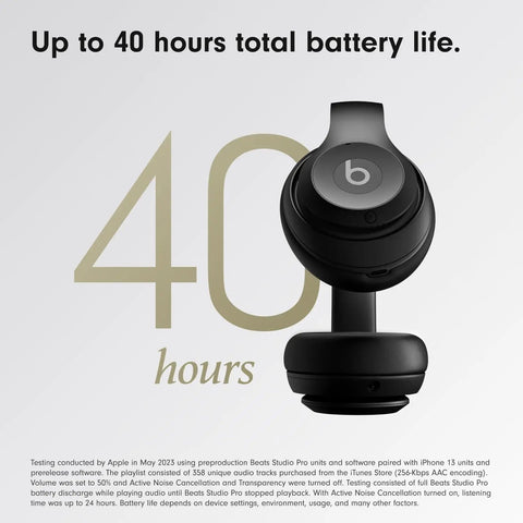 Studio Pro Premium Wireless Over Ear Headphones With Up To 40 Hour Battery Life And Active Noise Cancellation Crystal Clear Calls Great For Travel And Commute USB C Lossless Audio Apple And Android Compatible Black against a 40-hour battery life graphic.