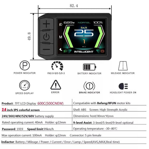 600C Electric Bike Display Panel showing TFT screen, power indicators, and design specifics with 24V-52V compatibility and UART protocol.