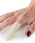 Latex Finger Cots Large Pack Of 144 For Hands On Protection And Grip shown covering a finger to guard wounds, prevent contamination