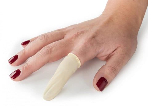 Latex Finger Cots Large Pack Of 144 For Hands On Protection And Grip shown covering a finger to guard wounds, prevent contamination