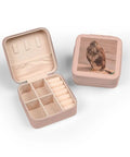 Open and closed view of compact pink jewelry travel case with plush interior lining, grab-and-go style, 4x4x2 inch portable organizer.