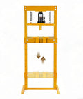 12 Ton Heavy Duty H Frame Hydraulic Shop Press Solid Steel Garage Workhorse with yellow frame and adjustable height for auto repair.