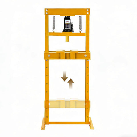 12 Ton Heavy Duty H Frame Hydraulic Shop Press Solid Steel Garage Workhorse with yellow frame and adjustable height for auto repair.
