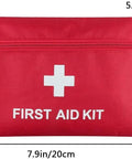 Front view of red fabric first aid kit pouch with white cross and FIRST AID KIT text, 7.9 x 5.5 in