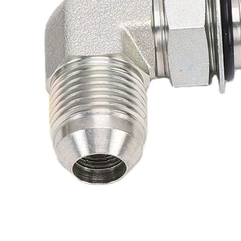 Pack Of 2 Or 3 8 Inch Flare To Orb Male 90 Degree Hydraulic Hose Fittings With Carbon Steel Build And O Ring Seal For Tough Truck And Construction Job Repairs, close-up threaded elbow