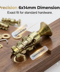 Pro Grade Heavy Duty Door Hinge Repair Kit 6x14mm expansion screws on wood, with precision dimensions highlighted. Permanent fix for wood doors.