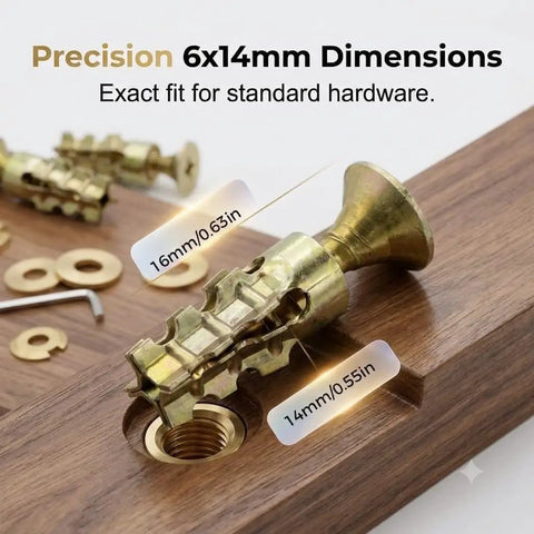 Pro Grade Heavy Duty Door Hinge Repair Kit 6x14mm expansion screws on wood, with precision dimensions highlighted. Permanent fix for wood doors.