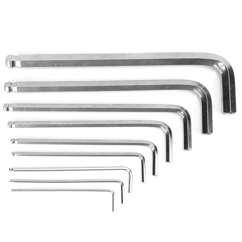 Heavy Duty Hex Key Set With Nine Durable Chrome Vanadium Wrenches Perfect For DIY Repairs And Home Workshop Jobs In All Sizes From Small To Large. 9 chrome vanadium hex keys shown