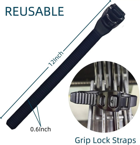 Heavy Duty Reusable Ratchet Cable Ties 12 Inch Grip Lock Straps, showcasing 12 inch length and 0.6 inch width for securing loads.