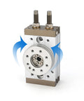 MSQB rotary pneumatic air cylinder, high-type rack and gear actuator; silver body with brown end caps, front view.