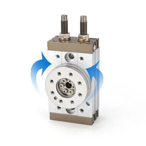 MSQB rotary pneumatic air cylinder, high-type rack and gear actuator; silver body with brown end caps, front view.