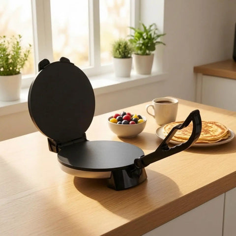 Baoblaze Electric Pancake Maker Nonstick Hinged Flatbread Press on kitchen table, showcasing stainless plate and black handle.
