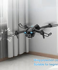 1080P HD Camera Mini Drone for Beginners and Adults with hover control flying indoors showing wing protection cover