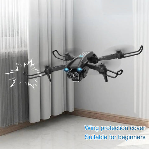 1080P HD Camera Mini Drone for Beginners and Adults with hover control flying indoors showing wing protection cover