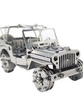 3D Metal Car Puzzle Model Kit With Mechanical Iron Blood Design, Dope DIY Buildable Vehicle For Adults Teens Men And Women, Stainless Steel Craft Kit For Collectors And Hobbyists Who Love Hands On Projects. silver metal jeep puzzle model with front view