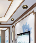 Adjustable Led Recessed Ceiling Light With Rock Solid Forged Brass Trim And Hella Bright 6000K Daylight Beam installed in a stylish ceiling.
