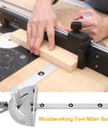 Precision Table Saw Miter Gauge With Adjustable Flip Stop And Angle Guide in use on a router table for accurate cuts.