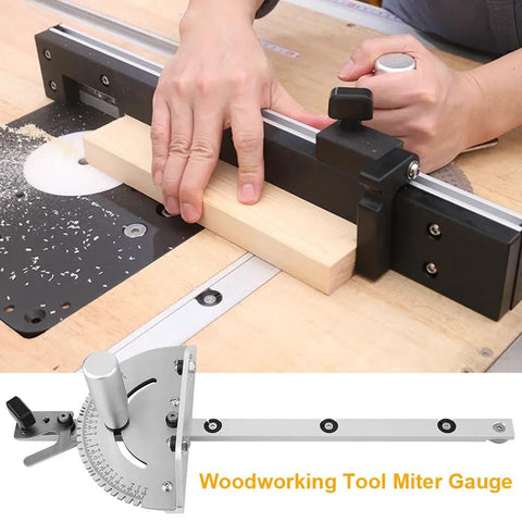 Precision Table Saw Miter Gauge With Adjustable Flip Stop And Angle Guide in use on a router table for accurate cuts.