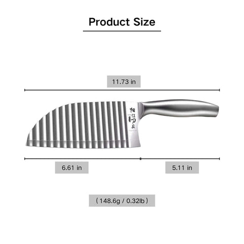 Side view of stainless steel crinkle cutter with ribbed wavy blade and ergonomic handle, 11.73 in overall length