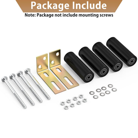 2 Pack 6 Inch Slide Gate Guide Roller With L Bracket Universal Sliding Gate Rollers Adjustable Fit For Sliding Gates Doors And Garage Doors Galvanized Steel Weather Resistant Rust Proof Hardware Kit displayed with bolts, L-brackets, and rollers.