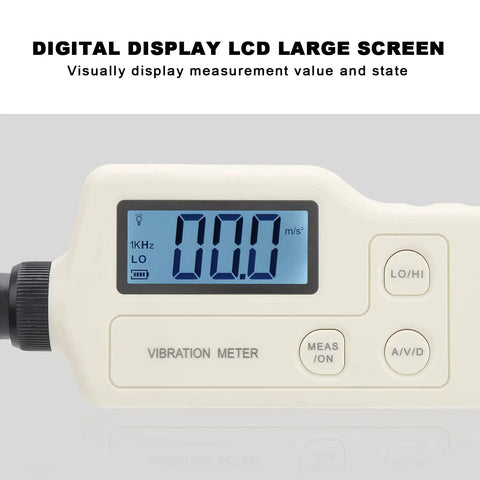 Pro Grade Handheld Digital Vibration Meter Tester Knocks Out Bearing Faults While Measuring Acceleration And Speed With Slick Probe For Heavy Duty Mechanical Diagnostics showing a large LCD screen displaying 0.0 m/s².