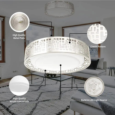 Close-up of 2 Pack 12 Inch LED Flush Mount Ceiling Lights showing brushed nickel finish and LED features in a modern living room.