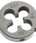 M8 By 1mm Tap And Die Set For Metalworking Pro Grade HSS Tap And Alloy Tool Steel Die, close-up of round die showing thread details.