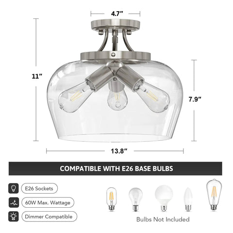 Modern Ceiling Light Fixture With Clear Glass Shade Three Light Brushed Nickel Semi Flush Mount With Measurements