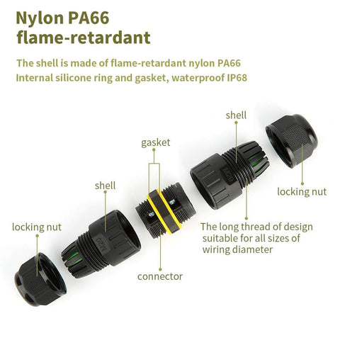 Three Pole Waterproof IP68 External Junction Box components with M20 Cable Gland for 5 to 12mm Wires, showing connector and locking nuts