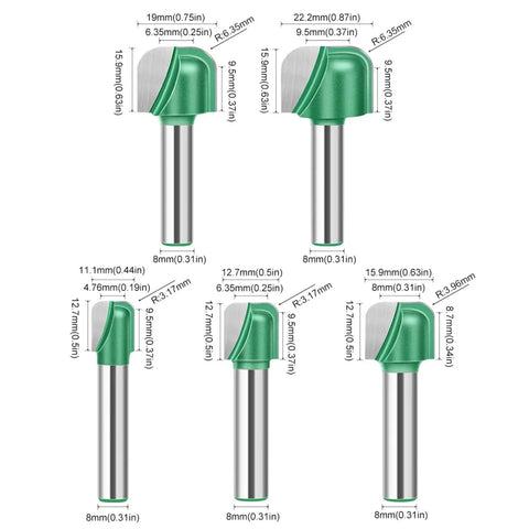 Heavy Duty 8mm Shank Solid Carbide Round Nose Router Bit For Woodworking CNC Bowl Tray Milling Cutter, various sizes displayed.