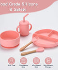 Silicone Baby Feeding Set 13Pc Kit With Suction Bowl Plate Spoons Forks Bib Cup Toothbrush LED Weaning Supplies For 6 Months Plus Pink Must Have Kid Friendly Mess Free - pink silicone set with dish, bowl, cup, fork, and spoon.