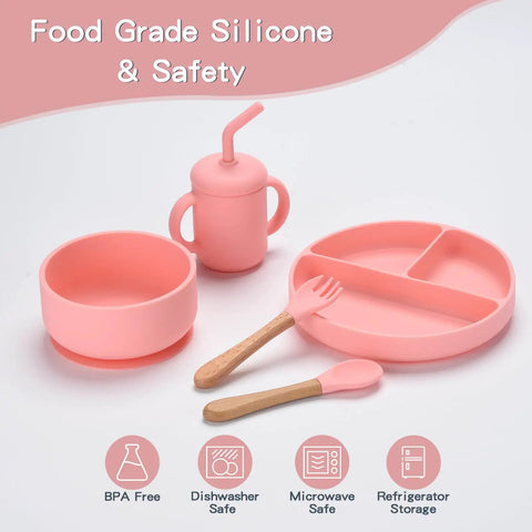 Silicone Baby Feeding Set 13Pc Kit With Suction Bowl Plate Spoons Forks Bib Cup Toothbrush LED Weaning Supplies For 6 Months Plus Pink Must Have Kid Friendly Mess Free - pink silicone set with dish, bowl, cup, fork, and spoon.