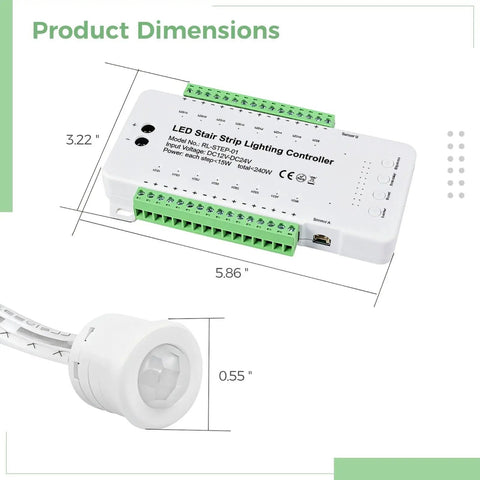 Stairway LED Motion Sensor Controller With 16 Channels Auto Step Lighting Adjustable Brightness And Speed Safe DC 12V 24V Input, 5.86 x 3.22 in