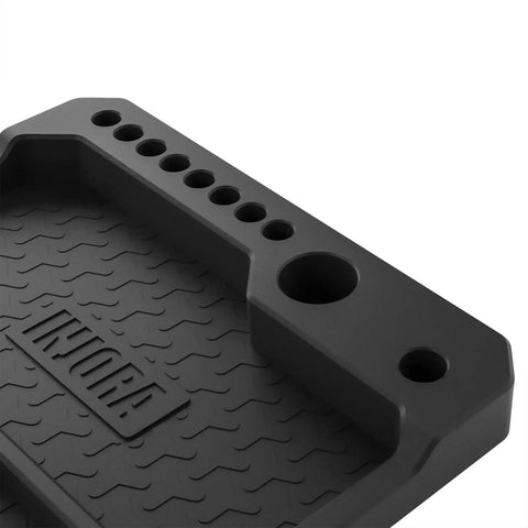 Front view of Silicone Tool Tray Organizer with Magnetic Holders and Stand, Heat Resistant Parts Tray for Workshop, 160x160mm.