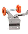 Vertical Toggle Clamp in Stainless Steel, Heavy-Duty Hold-Down Tool for Woodworking, showing no-slip grip and orange knob.