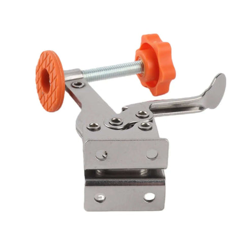 Vertical Toggle Clamp in Stainless Steel, Heavy-Duty Hold-Down Tool for Woodworking, showing no-slip grip and orange knob.