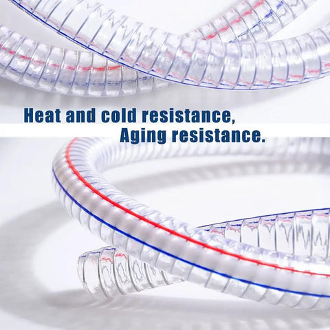 Rugged Heavy Duty PVC Suction Hose One Inch ID By One And A Quarter Inch OD, coiled, showcasing clarity and steel wire reinforcement.