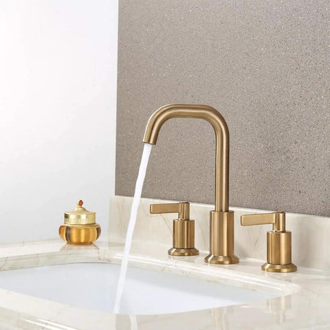 Two Handle Widespread Bathroom Sink Faucet With Pop Up Drain Brushed Gold 8 Inch 3 Hole Lavatory Faucet Easy Install With Quick Connect Hoses