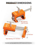 Rock Solid Face Frame Cabinet Clamps Featuring Integrated Drill Guide For Dead Center Pilot Holes And No Sweat Screw Driving Dependable Two Pack Woodworking Kit dimensions indicating adjustable size for clamps.