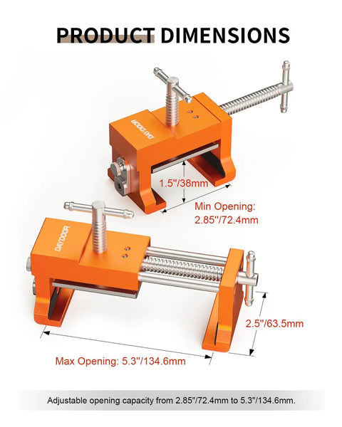 Rock Solid Face Frame Cabinet Clamps Featuring Integrated Drill Guide For Dead Center Pilot Holes And No Sweat Screw Driving Dependable Two Pack Woodworking Kit dimensions indicating adjustable size for clamps.